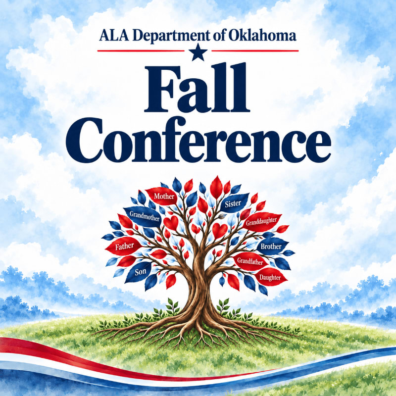 A family tree with red, white, and blue leaves labeled with family roles stands on a grassy hill against a bright blue cloudy sky, topped with text for the ALA Department of Oklahoma Fall Conference.