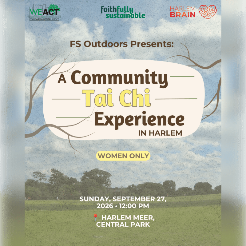 Text announcing a women-only community Tai Chi experience in Harlem is layered over a background of a grassy field under a cloudy blue sky with tree branches framing the sides.