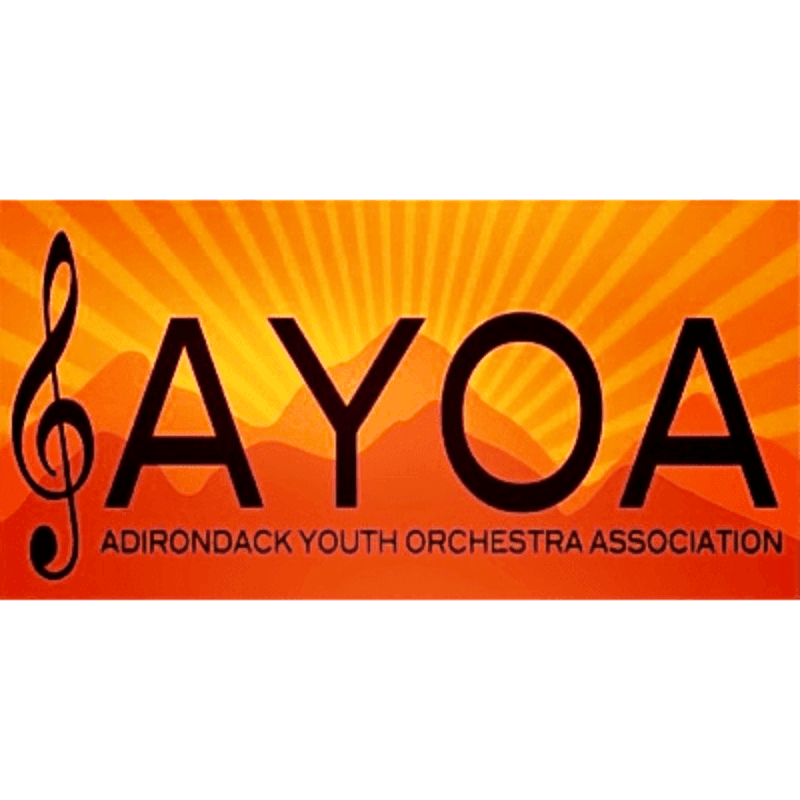 A treble clef and the letters "AYOA" are in the foreground against a background of mountains and a sunburst.