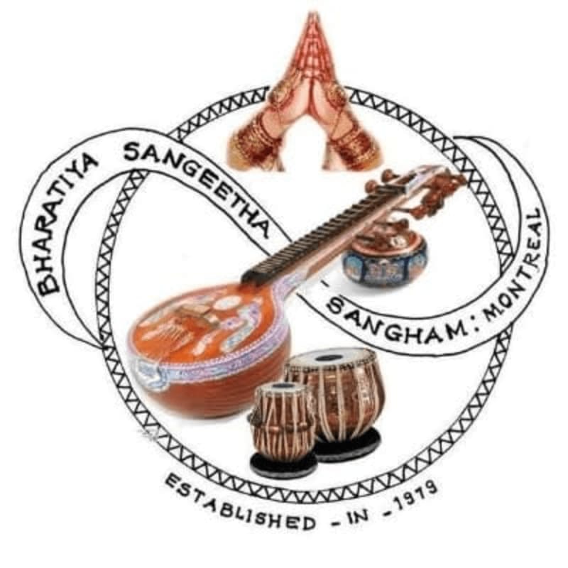 A circular logo features a veena, tabla, and a small pot in the foreground, with praying feet positioned at the top against a white background.