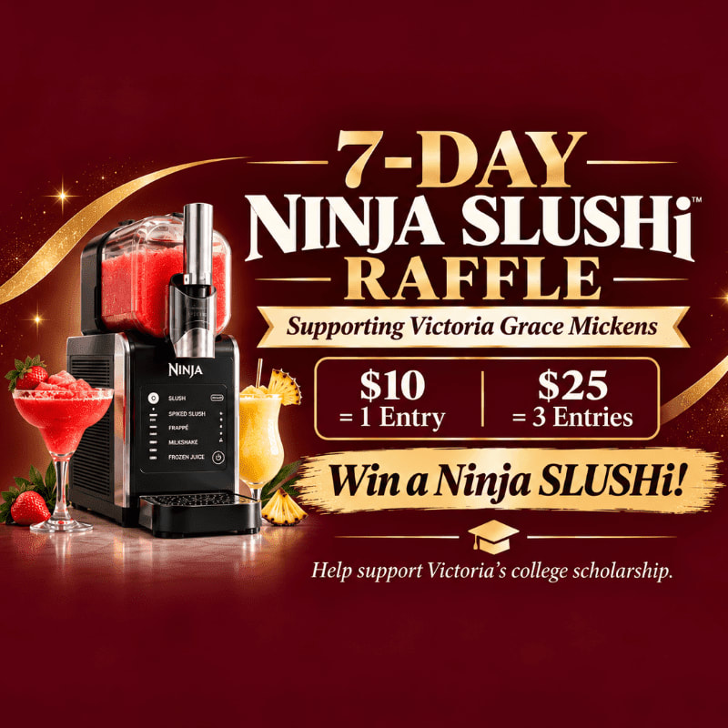 A Ninja SLUSHI machine and two frozen drinks sit in the foreground against a deep red background featuring gold text for a raffle.