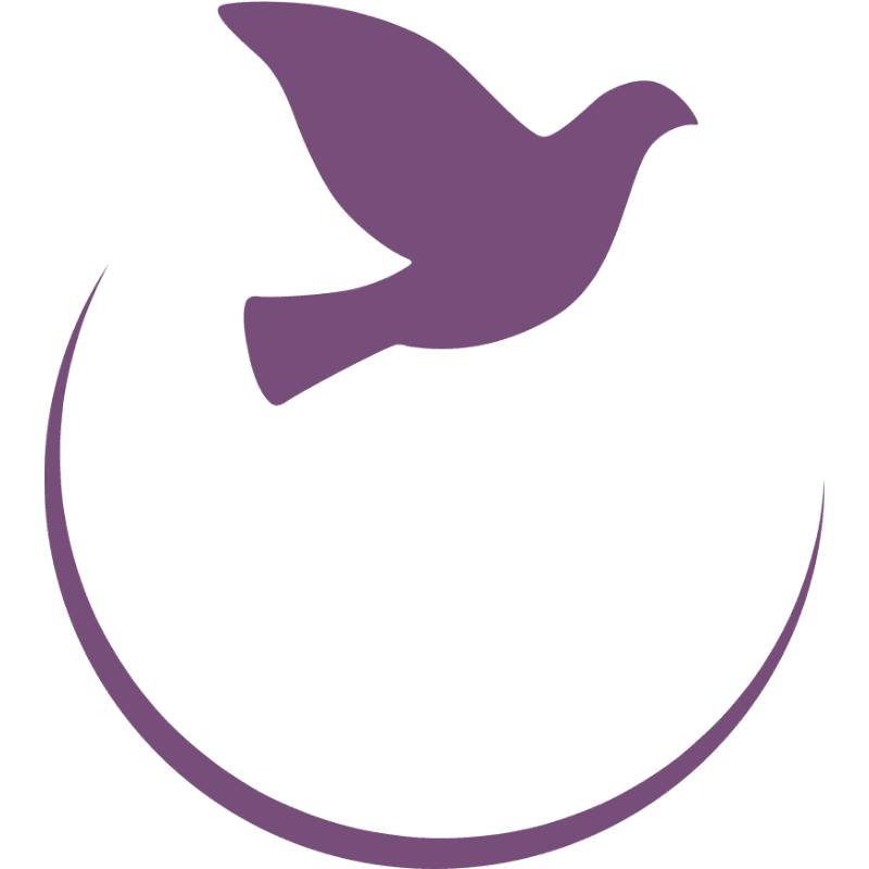 A purple silhouette of a flying dove and a curved swoosh are set against a plain white background.