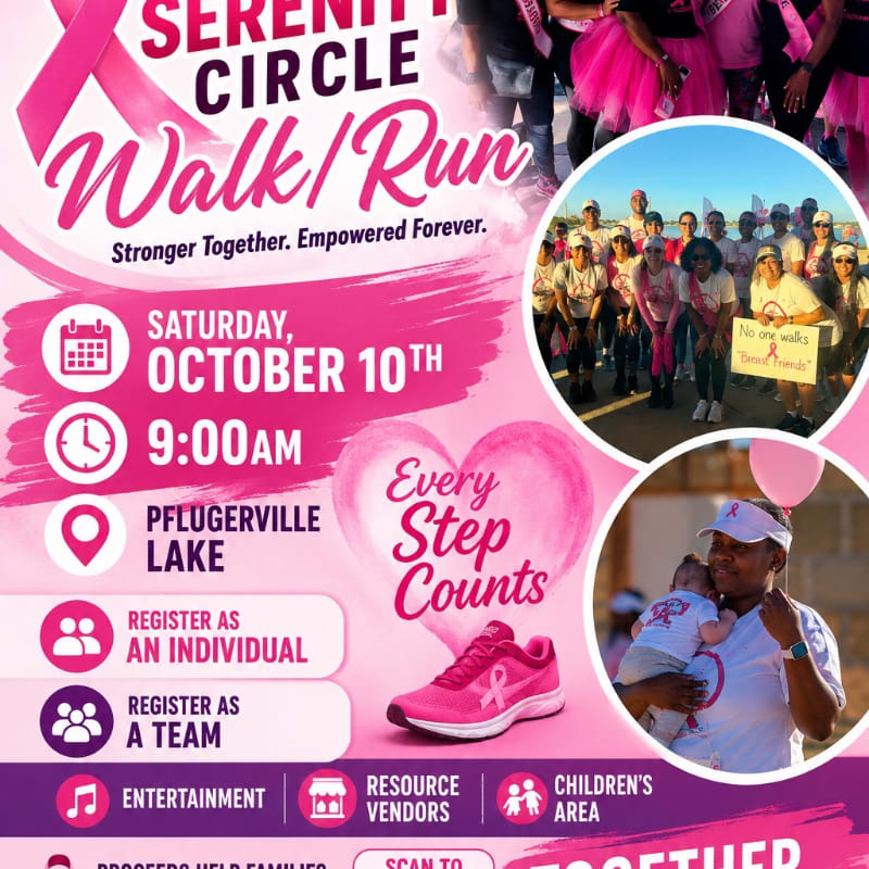 A pink promotional flyer for a charity walk/run features event details and a pink sneaker in the foreground, with photos of participants in the background.