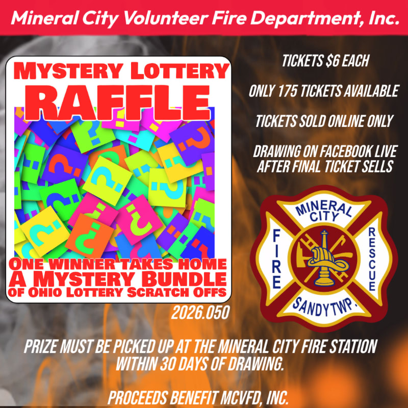 A colorful "Mystery Lottery Raffle" advertisement is positioned in the foreground against a blurred background of a firefighter and fire equipment.
