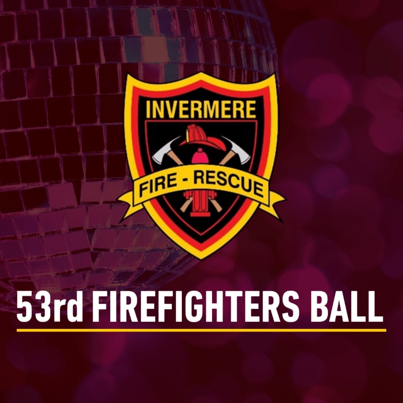 An Invermere Fire-Rescue emblem and the text "53rd FIREFIGHTERS BALL" are set against a background featuring a disco ball and purple bokeh lights.