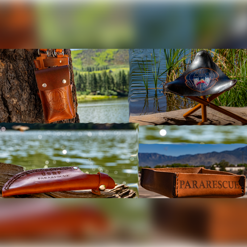 A collage of brown leather gear, including a pouch, a sheath, and a seat, set against natural backgrounds of trees, water, and greenery.