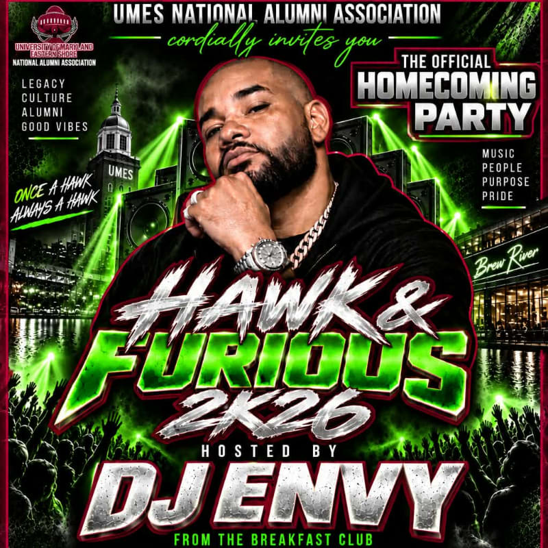 A portrait of DJ Envy dominates the foreground of a vibrant green and black event flyer, set against a background featuring a city skyline, a university building, and a cheering crowd.