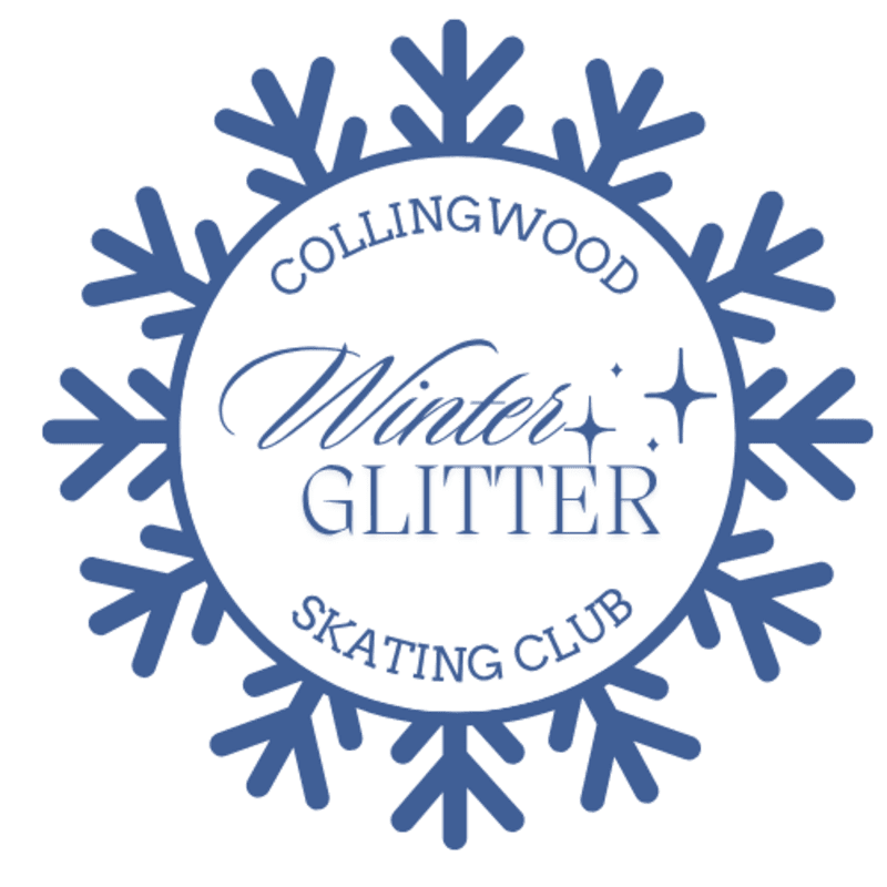 A blue snowflake border surrounds a white center containing the text "COLLINGWOOD Winter GLITTER SKATING CLUB" against a plain white background.