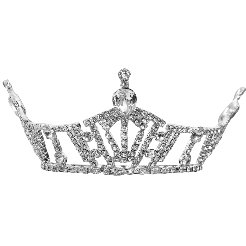 A sparkling silver rhinestone tiara sits centered against a plain white background.