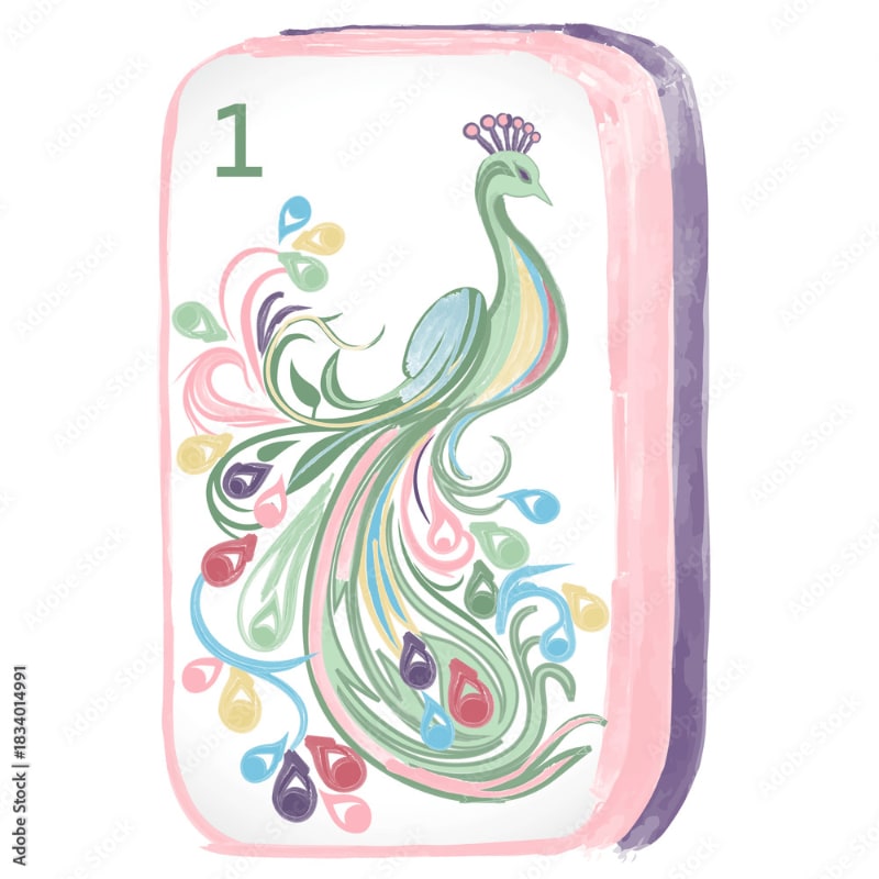 A colorful, stylized peacock and the number one are featured on a white mahjong tile with a pink border, set against a plain white background.