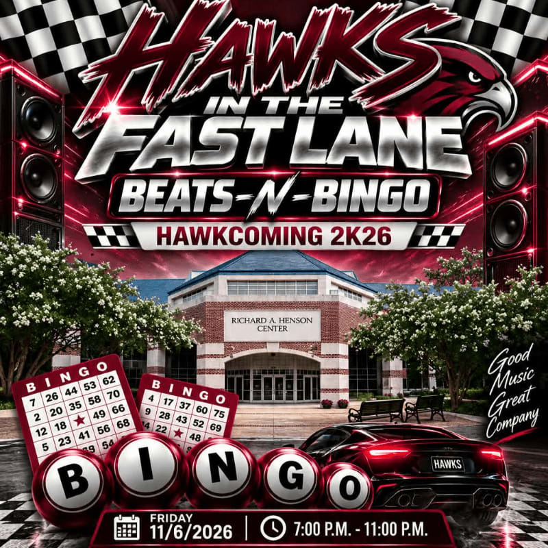 Large 3D BINGO balls and a red sports car sit in the foreground of a promotional poster featuring the Richard A. Henson Center set against a racing-themed backdrop with speakers and bold text.
