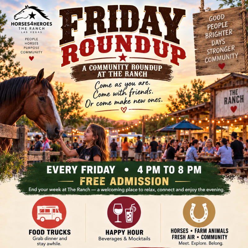 A young girl pets a brown horse in the foreground, with a crowd of people gathering at an outdoor ranch event under a sunset sky in the background.