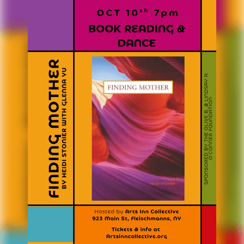 A promotional flyer for a book reading and dance event features a central image of the book cover "Finding Mother" set against a colorful background of purple, orange, and green panels.