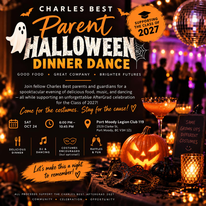 A Halloween dinner dance flyer features bold event text in the foreground, set against a festive background of a party scene with a disco ball and glowing pumpkins.