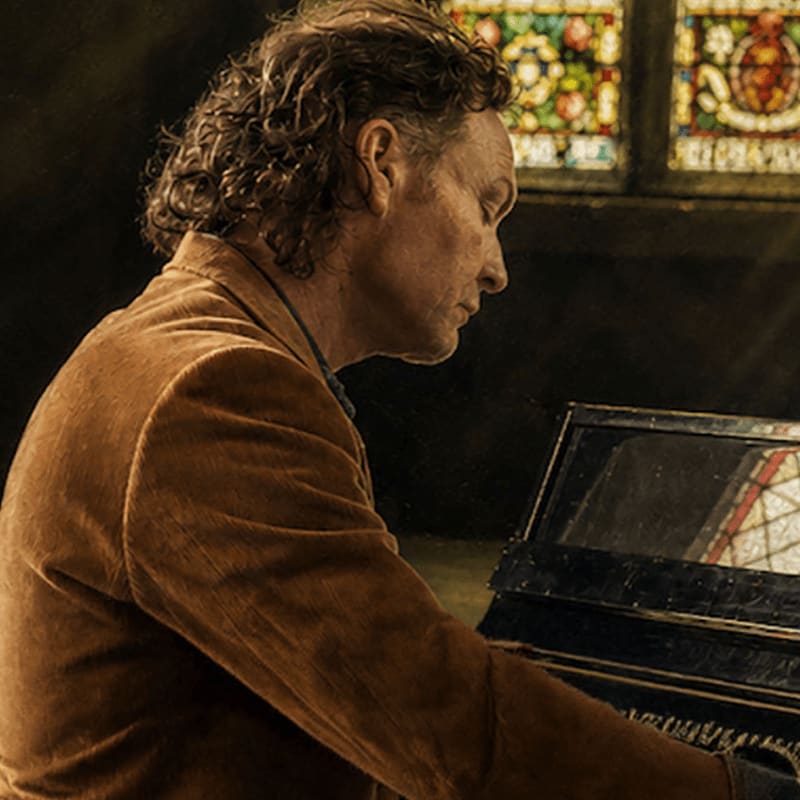 A man in a brown velvet jacket sits at a piano in the foreground, with a stained-glass window visible in the background.