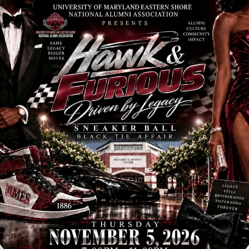A pair of red and white sneakers sits in the foreground of a promotional flyer featuring a man in a tuxedo and a woman in a red dress against a background of a luxury car and a university building.