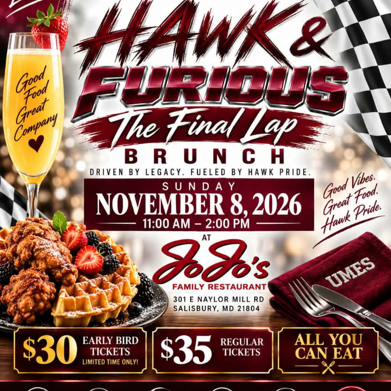 A promotional flyer for a "Hawk & Furious" brunch features a plate of chicken and waffles and a mimosa in the foreground against a background of racing-themed graphics and event details.
