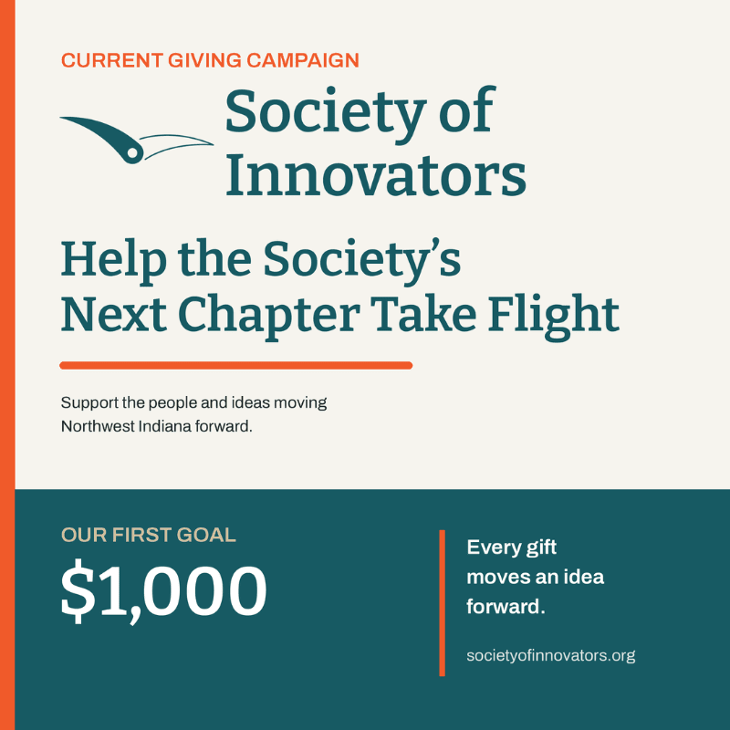 Text promoting a giving campaign for the Society of Innovators is displayed in the foreground against a split background of off-white and dark teal.