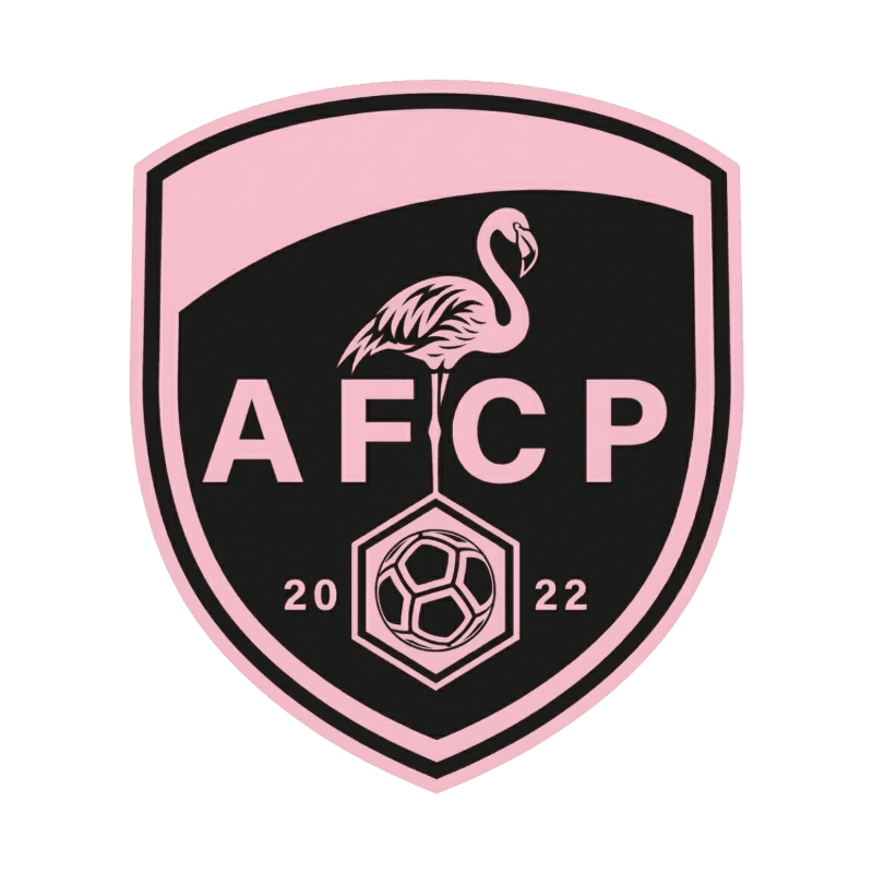 A pink and black shield-shaped logo featuring a flamingo, the letters "AFCP," a soccer ball, and the year "2022" set against a plain white background.