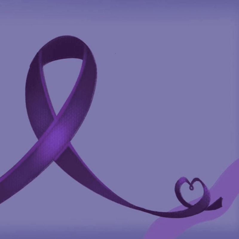 A purple awareness ribbon with a heart-shaped curl at the end sits against a solid purple background.