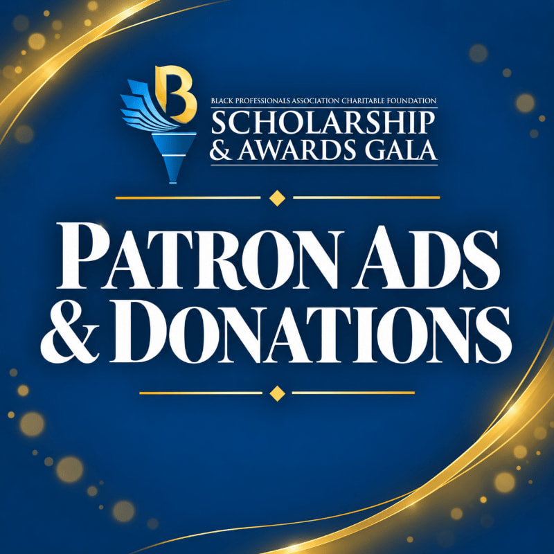 White text reading "PATRON ADS & DONATIONS" and a gala logo sit in the foreground against a deep blue background accented with golden swirls and bokeh lights.