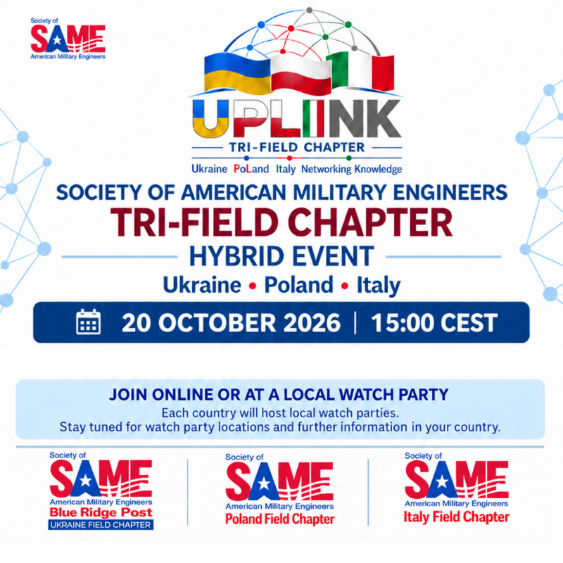 A promotional flyer for a Society of American Military Engineers hybrid event featuring colorful logos and text in the foreground against a light blue background with geometric network patterns.