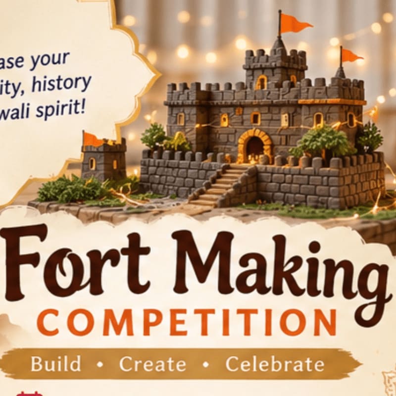 A detailed miniature fort with flags stands in the foreground against a blurred background of lights and text promoting a "Fort Making Competition."