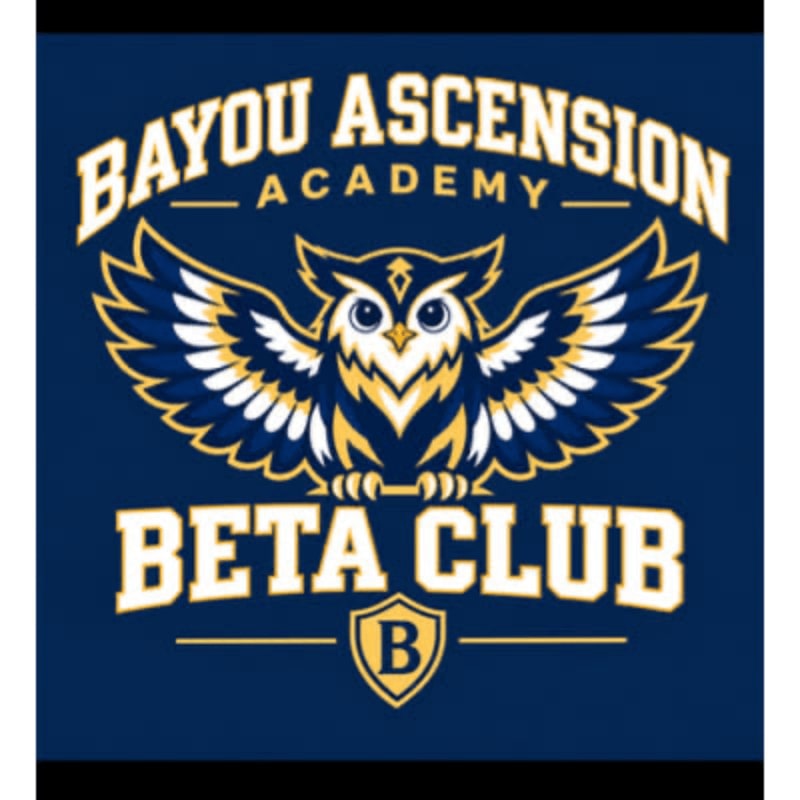 A stylized blue, white, and gold owl logo with the text "Bayou Ascension Academy Beta Club" is centered against a solid dark blue background.