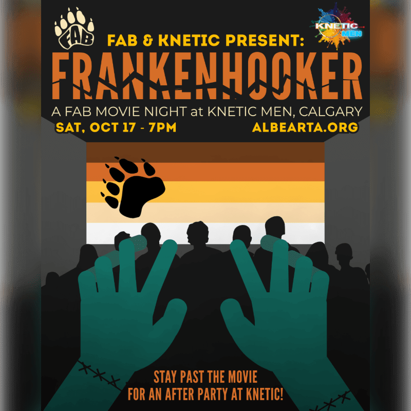 Two teal-colored hands are raised in the foreground against a background featuring a silhouette of a crowd and a bear-themed pride flag under event text for "Frankenhooker."