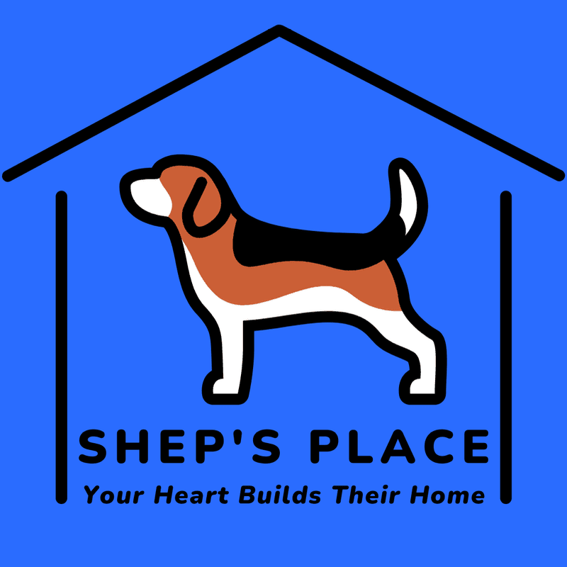 A tricolor beagle stands inside a black house outline with the text "SHEP'S PLACE" and "Your Heart Builds Their Home" against a solid blue background.