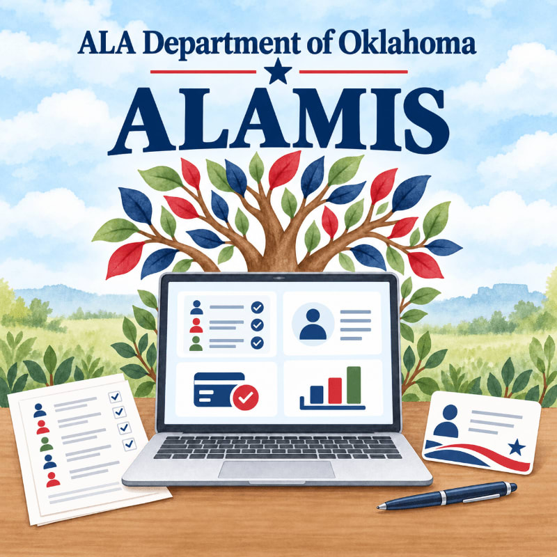 A laptop, documents, and a pen sit on a wooden desk in the foreground, set against a background featuring a stylized red, white, and blue tree under a cloudy sky with the text "ALA Department of Oklahoma ALAMIS."