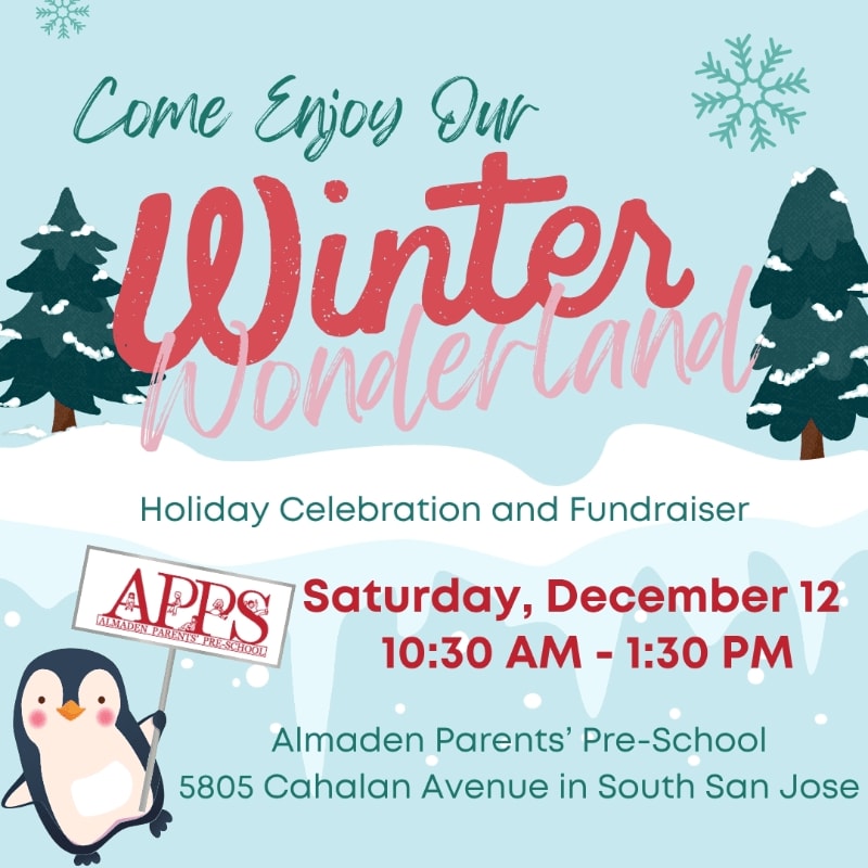 A promotional flyer for a "Winter Wonderland" fundraiser features red and pink text and a penguin in the foreground against a light blue background with snowy trees and snowflakes.