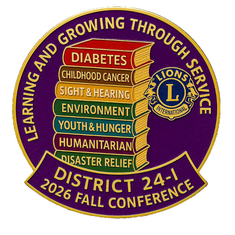 A circular emblem with a tree in the foreground and the words "LEARNING AND GROWING THROUGH SERVICE" and "SHEILA CHEWNING GOVERNOR DISTRICT 24-1" in the background.