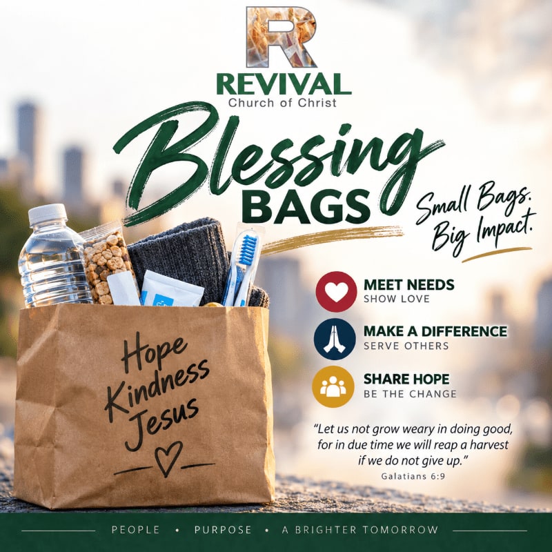 A brown paper bag filled with water, snacks, and toiletries sits in the foreground against a blurred city skyline background, accompanied by promotional text for "Blessing Bags" by Revival Church of Christ.