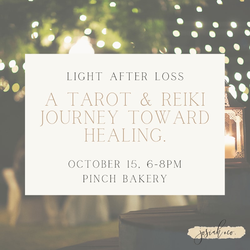 A white text box announcing a healing event sits in the foreground against a blurred background of glowing fairy lights and a lit lantern.