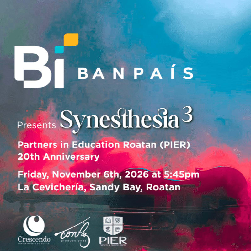 White and yellow text promoting "Synesthesia 3" and the PIER 20th Anniversary is layered over a colorful blue and pink background featuring a violin.