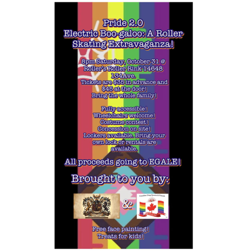 Colorful text advertising a roller skating event is layered over a background featuring a rainbow flag and a stylized geometric pattern.