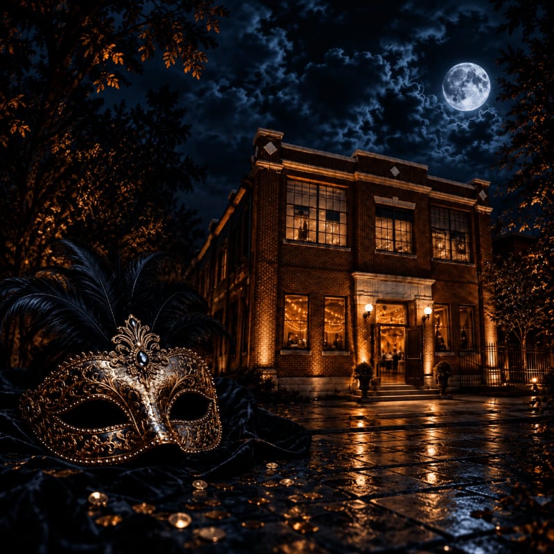 An ornate gold masquerade mask rests on a wet cobblestone street in the foreground, with a glowing brick building and a full moon in a cloudy night sky in the background.