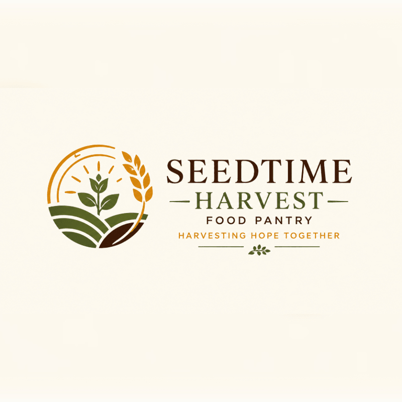 A logo for "Seedtime Harvest Food Pantry" featuring a stylized plant and sun icon set against a plain, light cream background.