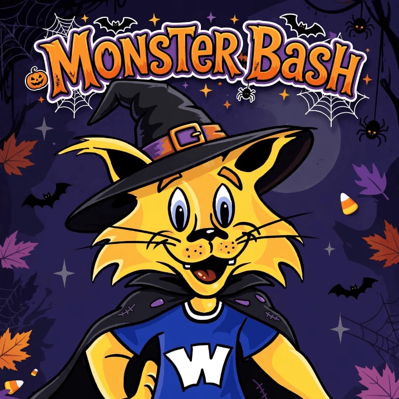 A yellow cat wearing a witch's hat and cape stands in the foreground against a dark purple Halloween background featuring bats, spiderwebs, and the words "Monster Bash."