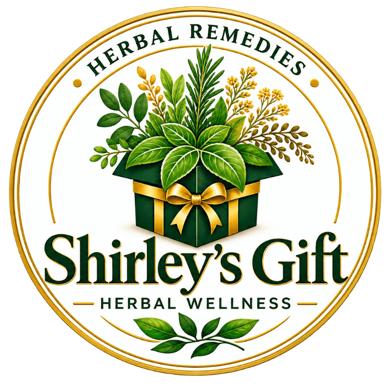 A circular logo features a green gift box overflowing with various herbs and leaves in the foreground, set against a white background with gold borders and the text "Shirley's Gift Herbal Wellness" and "Herbal Remedies."