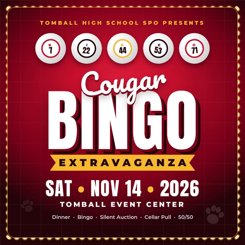 A promotional flyer for "Cougar Bingo Extravaganza" features bold white and yellow text and bingo balls in the foreground against a red, grid-patterned background framed by marquee lights.