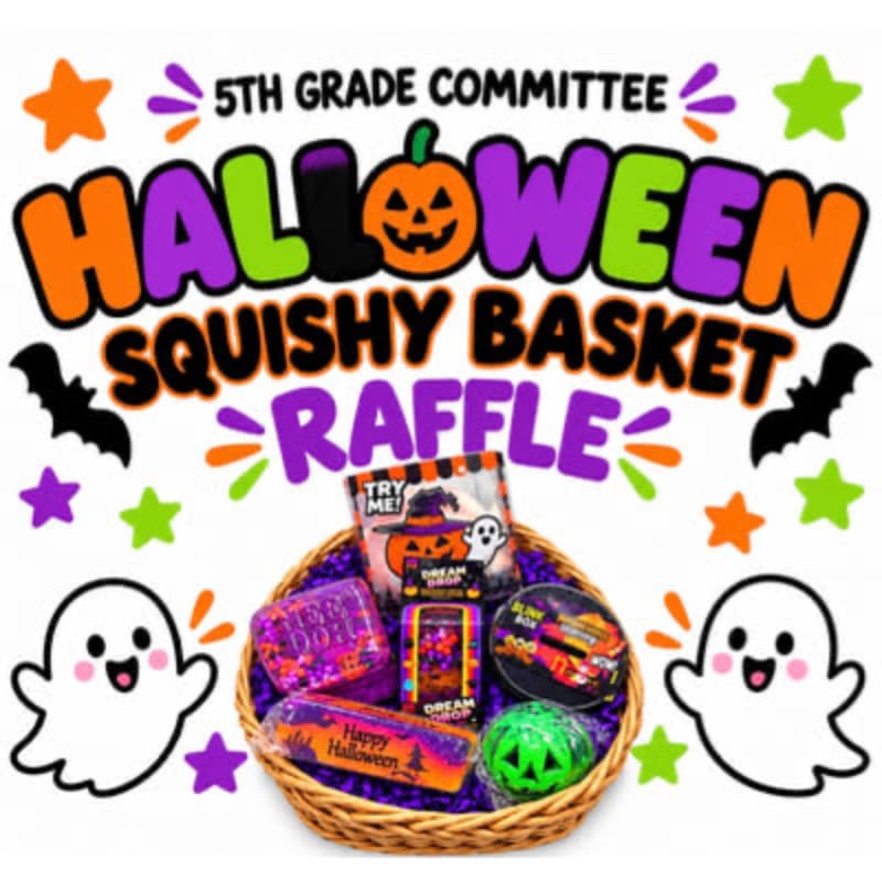 A basket filled with colorful squishy toys sits in the foreground against a white background decorated with Halloween text, ghosts, bats, and stars.