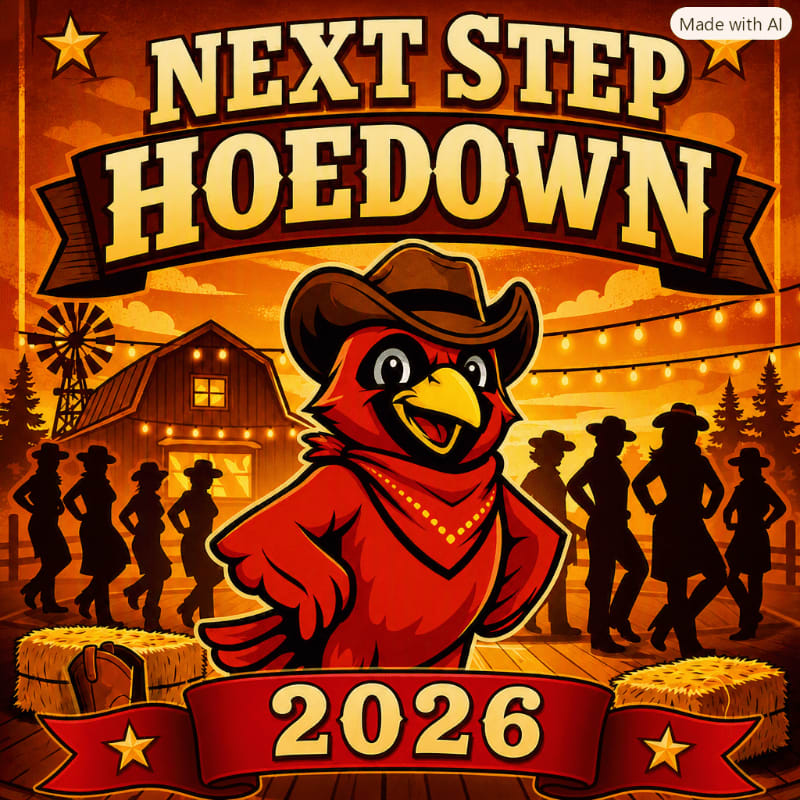 A cartoon cardinal in a cowboy hat and bandana stands on a wooden stage in the foreground, with silhouetted dancers and a barn in the background under a string of lights.