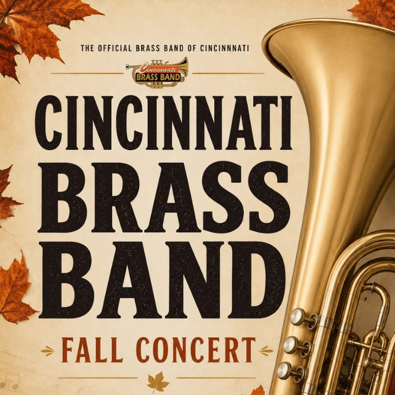 A large brass tuba stands in the foreground against a beige background featuring autumn leaves and bold text announcing the Cincinnati Brass Band Fall Concert.