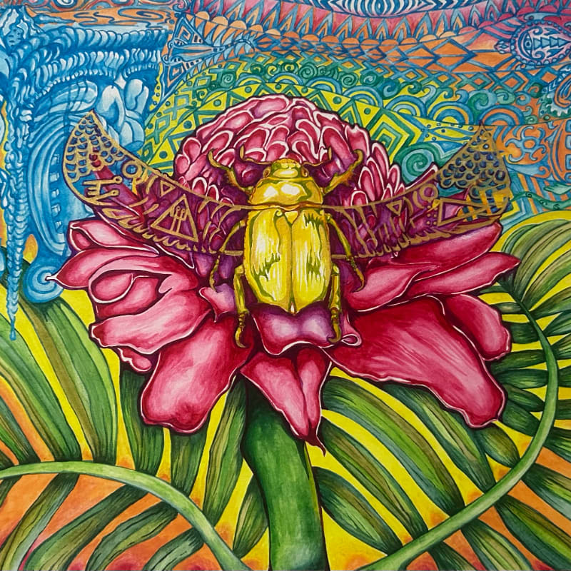 A golden scarab beetle with ornate wings rests atop a vibrant pink flower, set against a backdrop of colorful, psychedelic patterns and green foliage.