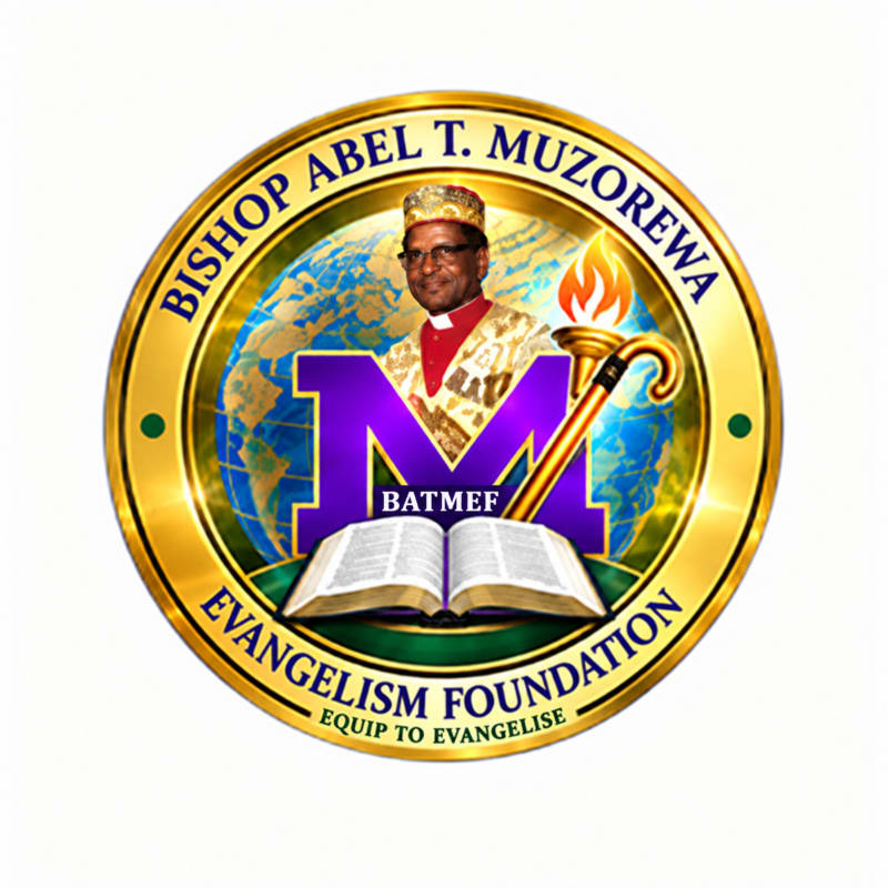 A circular gold emblem features a portrait of Bishop Abel T. Muzorewa, a large purple letter "M," an open Bible, and a flaming staff set against a background of the Earth.