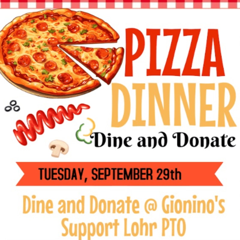A pepperoni pizza and event text are featured in the foreground against a white background with a red and white checkered border at the top.