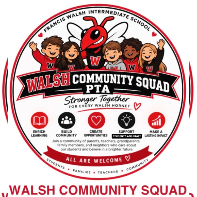 A red and white circular logo features a group of diverse children and a red hornet mascot in the foreground, set against a white background with text and icons.