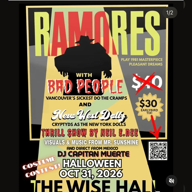 A concert poster featuring a black silhouette of a figure in a hat against a red and yellow background with event details and a QR code.